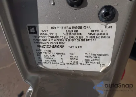 2004 GMC Yukon Xl 1500 Slt из США, поврежденный, VIN 1GKEC16Z14R300208